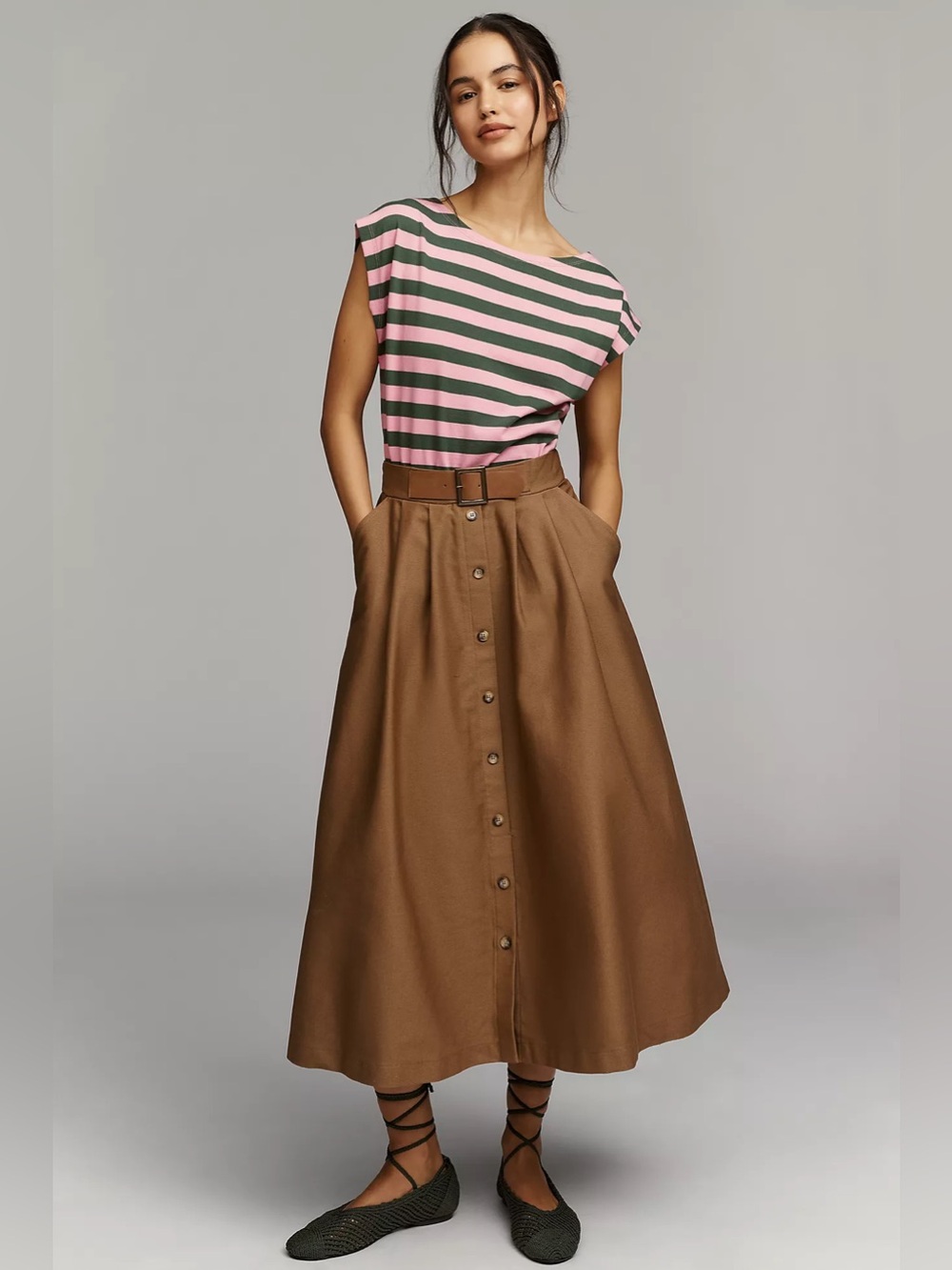 Anthropologie Pink and Olive Striped Midi Dress with Brown Skirt